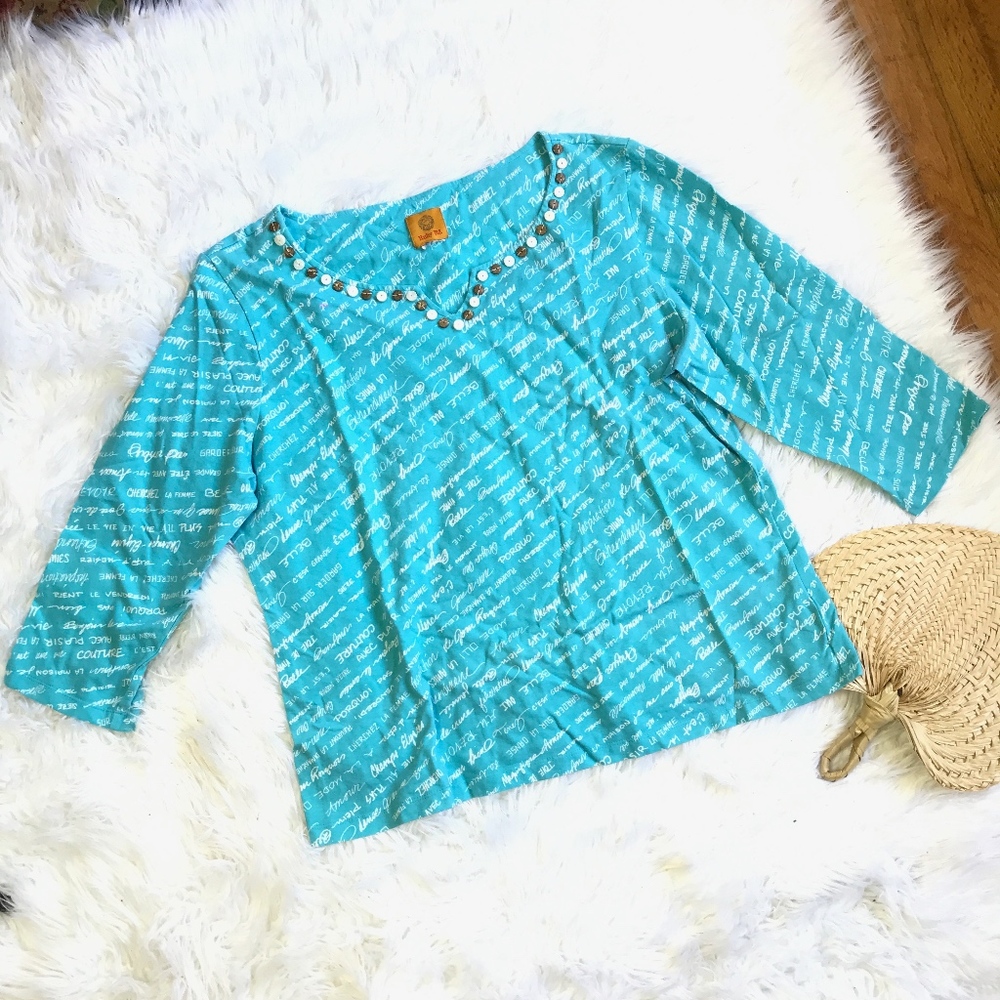Ruby Rd Turquoise Bella Ciao Stretch 3/4 Top Large